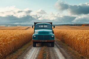 Old turquoise truck driving through wheat field under cloudy sky photo