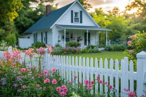 White picket fence surrounding beautiful pink flower garden in front of charming cottage at sunset photo