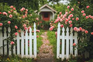White picket fence opening into beautiful rose garden with tiny house photo