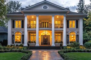 Luxurious colonial style home exterior at twilight with illuminated interior photo