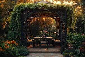Ivy covered gazebo illuminating tranquil garden setting during golden hour photo