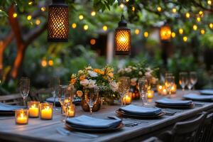 Romantic dinner table setting is illuminated by hanging lanterns and string lights photo