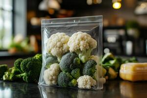 Fresh broccoli and cauliflower in transparent packaging photo