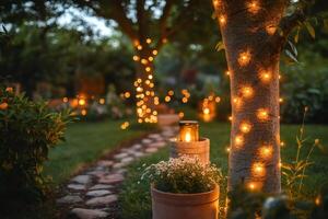 Lighting up the garden path, creating a magical ambiance with string lights and lanterns photo