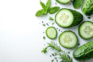 Fresh cucumbers, herbs and spices creating a refreshing culinary scene on white background photo
