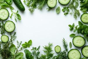 Fresh cucumbers, herbs and spices creating a frame on white background , photo
