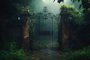 Old wrought iron gate leading to mysterious forest path photo