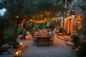 Outdoor dinner table set under olive trees with string lights and lanterns photo