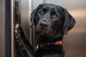 Black labrador retriever pushing elevator button with paw photo