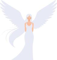 Ethereal angelic figure with flowing white gown and majestic wings in minimal style, embodying grace and serenity in illustration vector