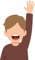 Happy boy waving with a joyful expression in a minimalist flat design style, engaging in cheerful interaction, illustration vector