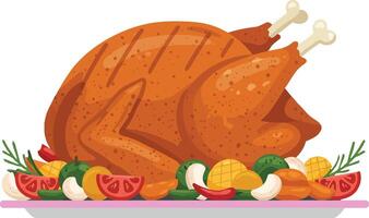 A beautifully roasted turkey surrounded by vibrant vegetables and garnishes in a minimal flat design art vector