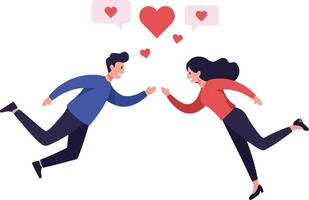 Two joyful individuals reaching out towards each other in a playful manner, surrounded by heart symbols and speech bubbles in a flat illustration vector