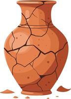 A cracked clay pot depicted in a detailed flat design style showcasing its rustic texture and shape in engaging art vector