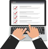 Hands typing on a laptop with a checklist displayed on the screen in a minimal flat design illustration vector
