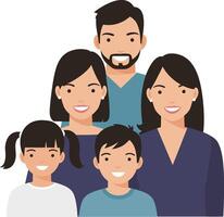 Happy family of five smiling together in a cheerful atmosphere with flat design art vector