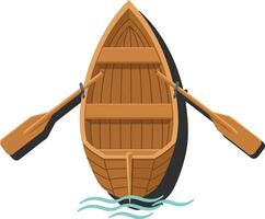 A wooden rowboat with two oars resting on calm blue water in a minimal flat design art vector