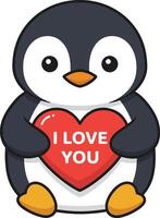 Cute cartoon penguin character holding a red heart with the phrase I Love You in a flat design art vector