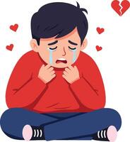 A young boy sitting on the floor with tears in his eyes, expressing sadness in a minimal and colorful illustration vector