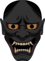 Detailed illustration of a fierce black demon mask with sharp fangs and glaring eyes in a flat design art vector