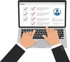 Hands typing on a laptop while reviewing checklists on a screen in a flat illustration depicting a professional setting and focused atmosphere vector