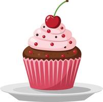Delicious cupcake with pink frosting and cherry on top, presented on a white plate in a flat illustration vector
