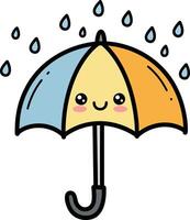 A cheerful smiling umbrella with colorful segments and raindrops in a playful, cute style, showcasing vibrant hues in illustration vector