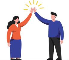 Two diverse individuals performing a high-five in a vibrant, flat design style conveying teamwork and celebration in art vector