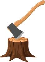 A detailed axe embedded in a wooden stump showcasing flat design style in vibrant colors, ideal for art vector