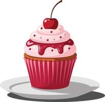 A delicious cupcake topped with pink frosting and a cherry, designed in a flat, colorful style, featuring vivid details in art vector