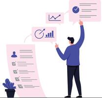 A businessman analyzing graphs and checklists in a flat design style, engaged in a productive discussion, surrounded by visual data elements, illustration vector