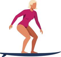 Surfer woman in a pink wetsuit riding a wave on a surfboard in a minimal, dynamic illustration vector
