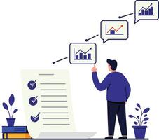 Businessman analyzing growth charts in a flat style, surrounded by plants and a checklist, depicting motivation and success in illustration vector