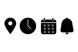 A black and white icon set of a clock, a calendar and a bell vector