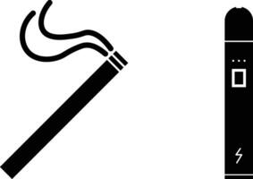 A cigarette and a lighter are shown in black and white vector