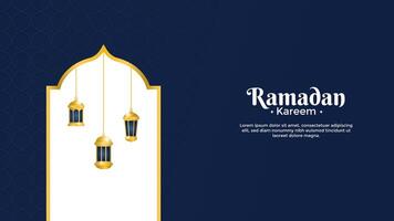 Blue Ramadan greeting horizontal background with golden mosque shape and Islamic hanging lantern vector