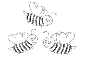 Black-and-white outline drawing of three adorable bees with heart-shaped wings, designed as a fun coloring page. vector