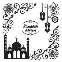 Ramadan kareem greeting card with mosque and lanterns vector