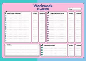 Printable workweek planner with task lists, client deadlines, and notes section in a pastel color scheme for organization. vector