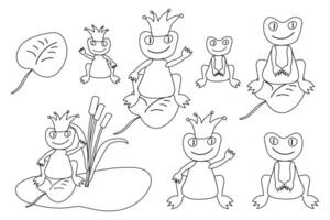 Black and white coloring page featuring cartoon frogs, some with crowns, sitting on lily pads and near cattails in a pond. vector