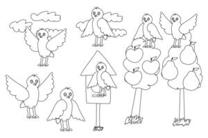 Black and white line drawing of birds perched on apple and pear trees, with a birdhouse and clouds, perfect for coloring. vector