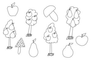 Black and white outline drawing of apple trees, pear trees, mushrooms, and individual fruits for coloring fun. vector
