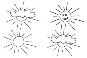 Black and white line drawing of the sun with clouds in different styles, perfect for kids coloring activities. vector