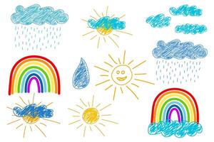 Colorful doodle-style weather elements featuring the sun, rain, clouds, rainbows, and raindrops in a playful sketch design. vector