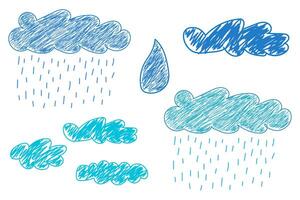 Sketch-style blue rain clouds with raindrops and a single water drop on a white background. vector