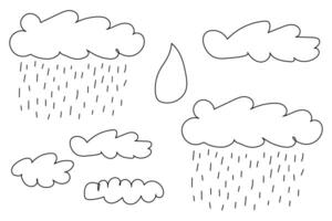 Black and white coloring page featuring various clouds, some with rain, and a large raindrop in a simple doodle style. vector