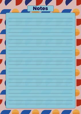 A vibrant notes page template with lined sections on a geometric background, perfect for writing, journaling, or planning.