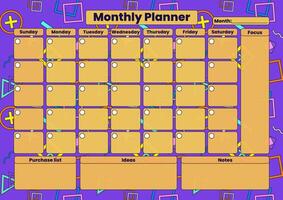 A vibrant monthly planner with a geometric background, featuring daily task sections, focus area, and notes space. vector