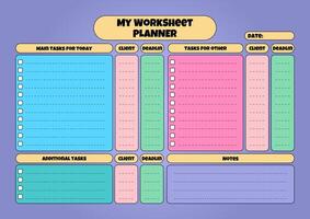A colorful work sheet planner with task lists, client details, deadlines, and notes section for efficient work management. vector