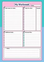 A pastel-colored Workweek planner template with sections for tasks, deadlines, personal files, and notes. vector